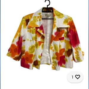 Transitions Women's 3/4 Sleeve Bright White Floral Open Front Blaze XL LINEN
